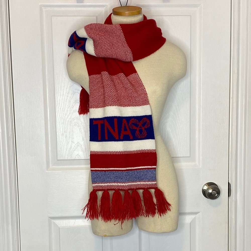 TNA Aritzia Red White Blue Logo Knit‎ Scarf Fringe OS - Picture 2 of 9